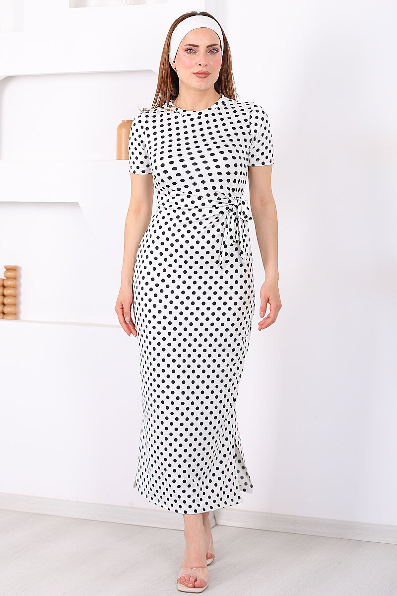 Bağlamalı Yırtmaçlı Puantiyeli Kadın Beyaz Midi Elbise - 7