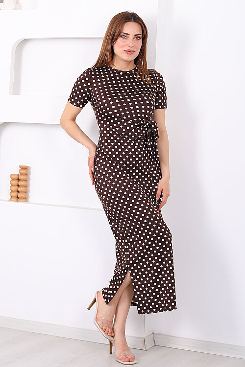 Bağlamalı Yırtmaçlı Puantiyeli Kadın Kahverengi Midi Elbise - 3