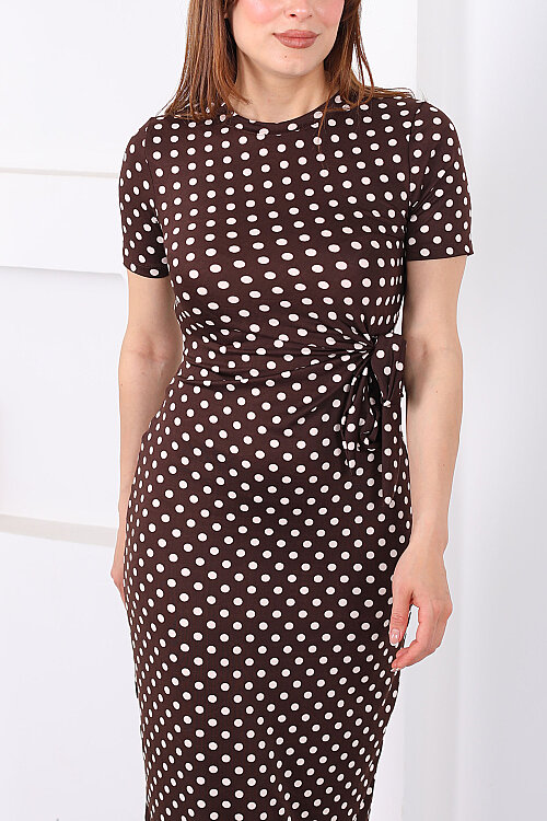 Bağlamalı Yırtmaçlı Puantiyeli Kadın Kahverengi Midi Elbise - 2