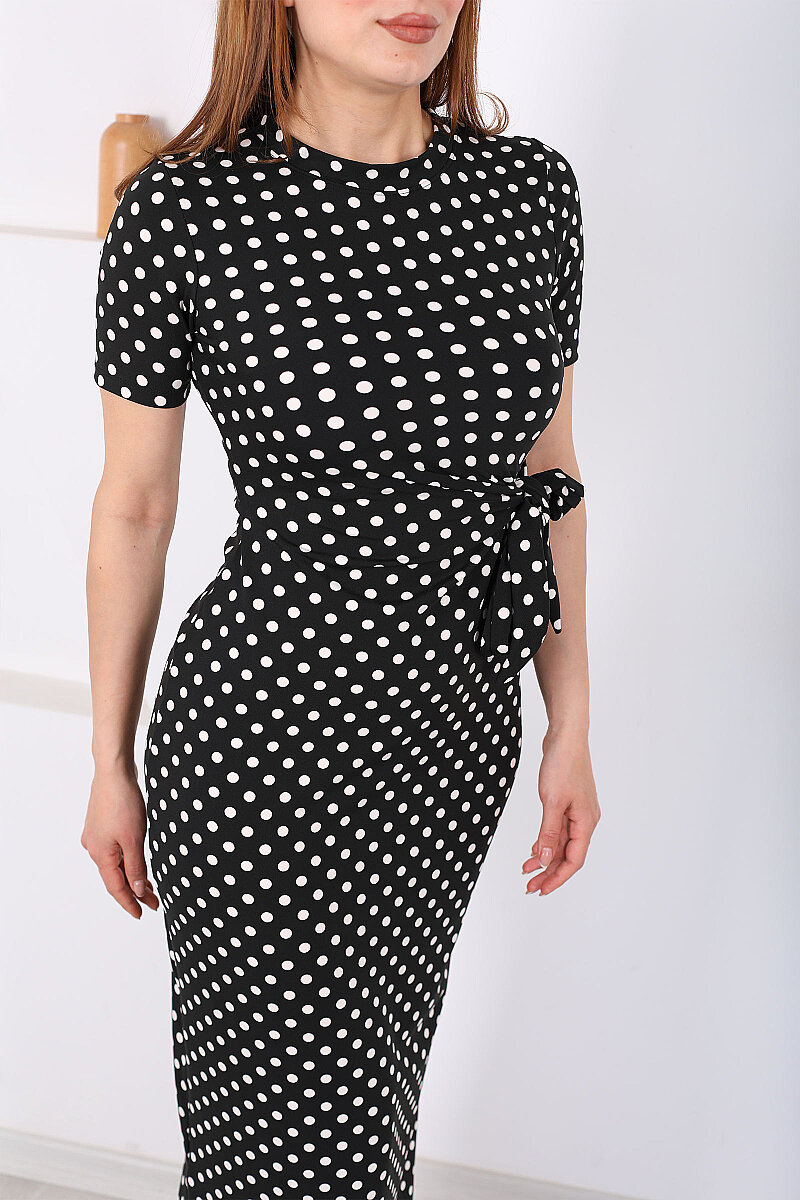 Bağlamalı Yırtmaçlı Puantiyeli Kadın Siyah Midi Elbise - 2