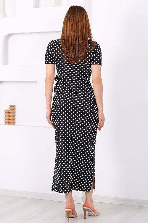 Bağlamalı Yırtmaçlı Puantiyeli Kadın Siyah Midi Elbise - 6