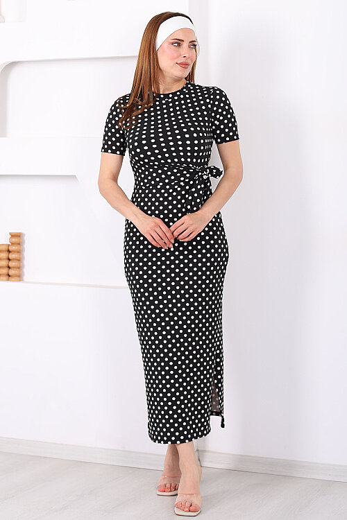 Bağlamalı Yırtmaçlı Puantiyeli Kadın Siyah Midi Elbise - 5