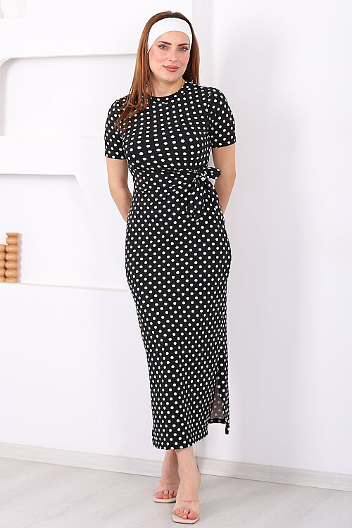 Bağlamalı Yırtmaçlı Puantiyeli Kadın Siyah Midi Elbise 