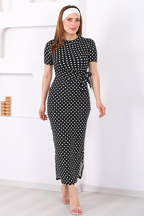 Bağlamalı Yırtmaçlı Puantiyeli Kadın Siyah Midi Elbise - 4