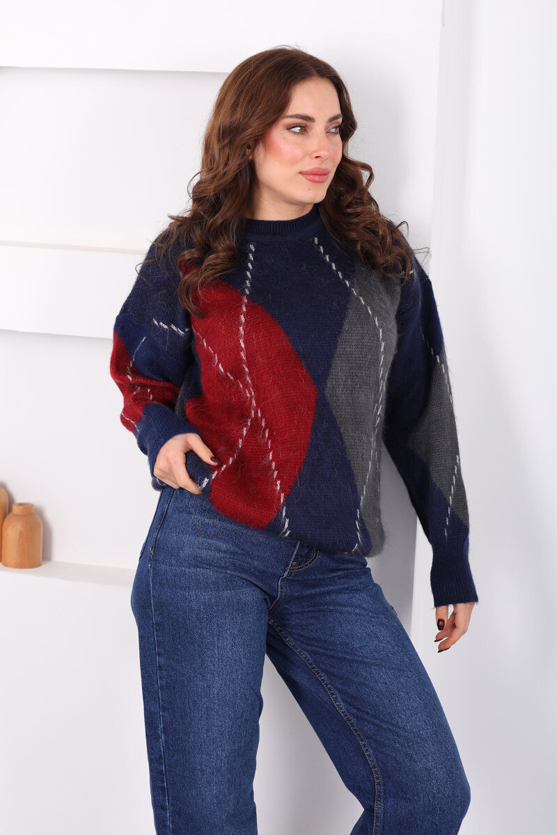 Baklava Desen Kadın Lacivert Triko Kazak - 4