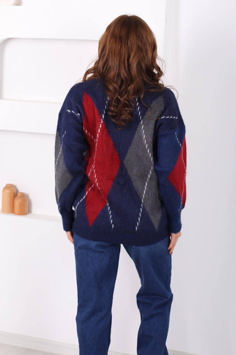 Baklava Desen Kadın Lacivert Triko Kazak - 5