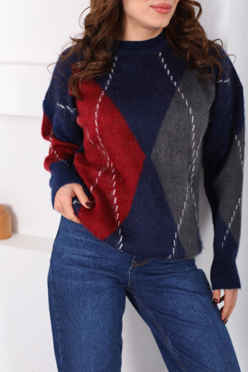 Baklava Desen Kadın Lacivert Triko Kazak - 2