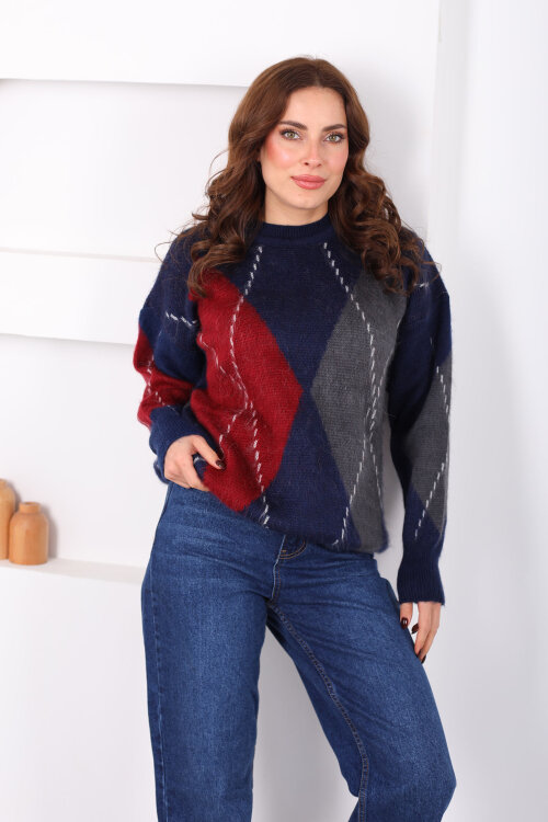 Baklava Desen Kadın Lacivert Triko Kazak - 6