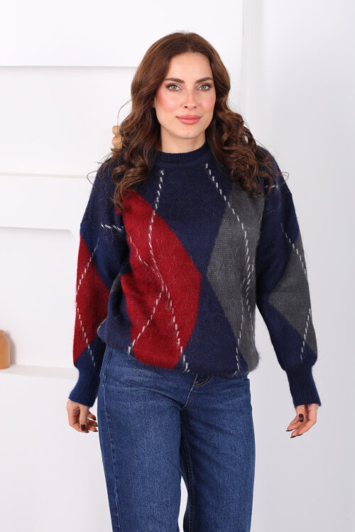 Baklava Desen Kadın Lacivert Triko Kazak - 3