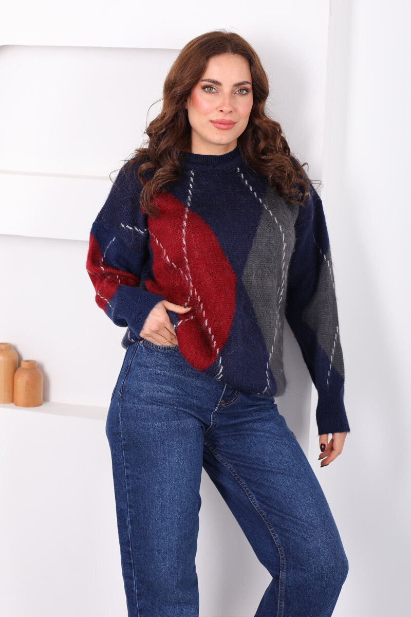 Baklava Desen Kadın Lacivert Triko Kazak - 1