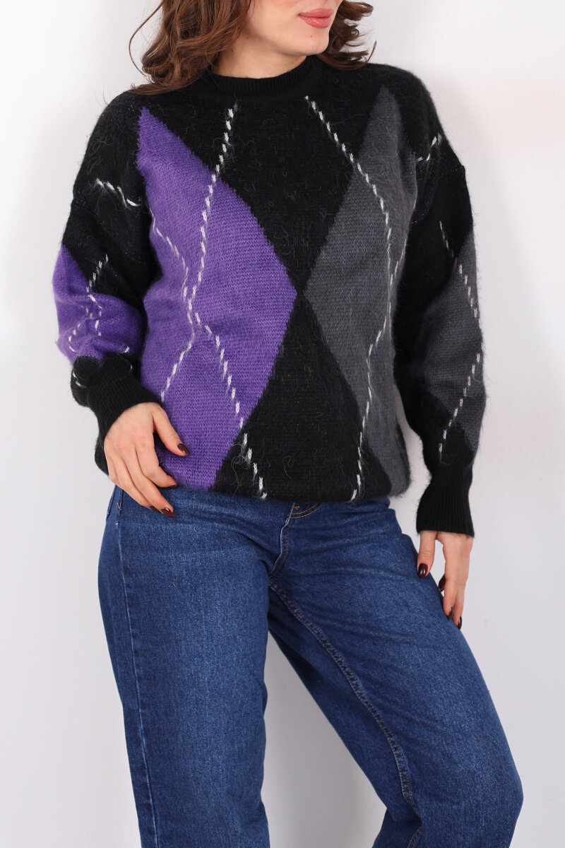 Baklava Desen Kadın Mor Triko Kazak - 2