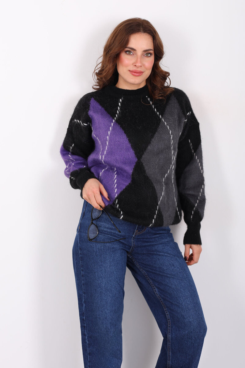 Baklava Desen Kadın Mor Triko Kazak - 4