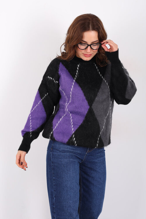 Baklava Desen Kadın Mor Triko Kazak - Berox