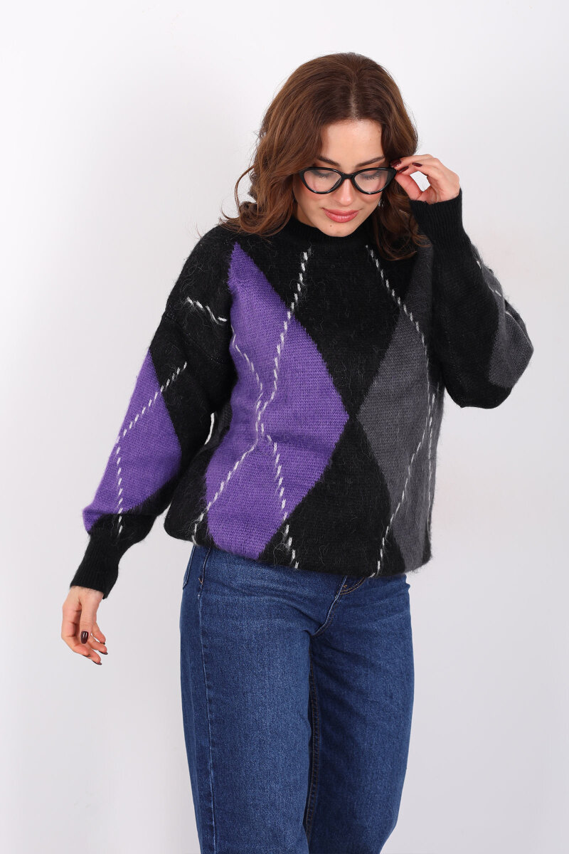 Baklava Desen Kadın Mor Triko Kazak - 1