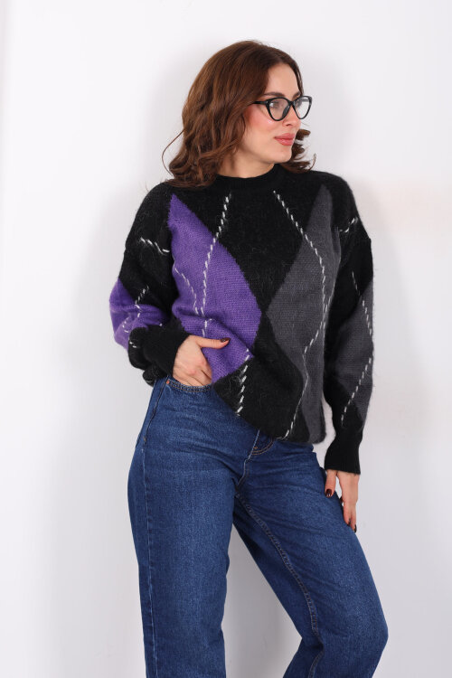 Baklava Desen Kadın Mor Triko Kazak - 3