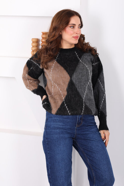 Baklava Desen Kadın Vizon Triko Kazak - Berox