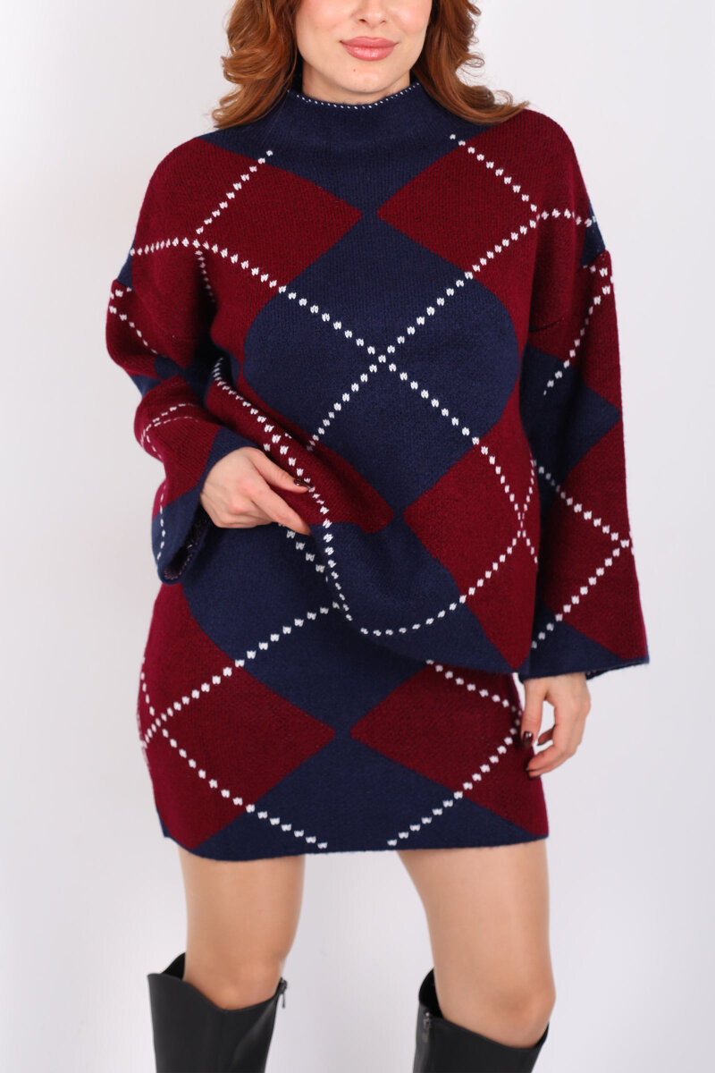 Baklava Desenli Etekli Bordo Kadın Triko Takım - 2