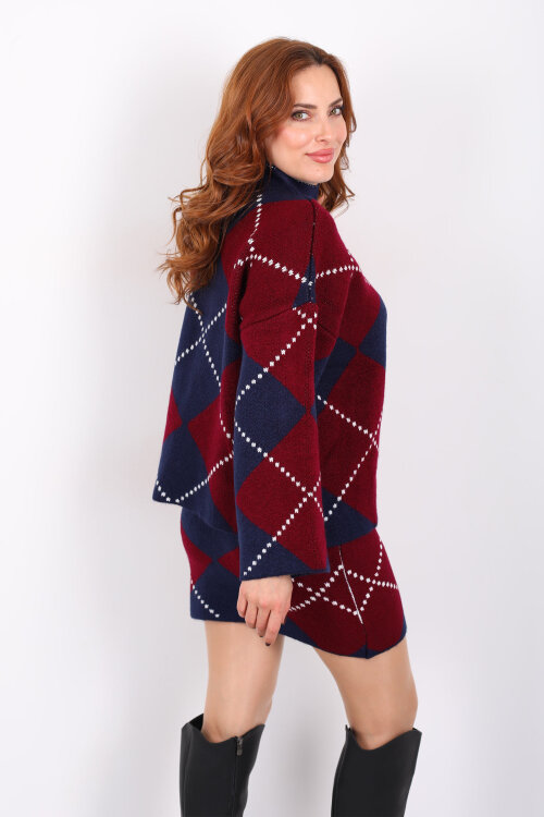 Baklava Desenli Etekli Bordo Kadın Triko Takım - 6