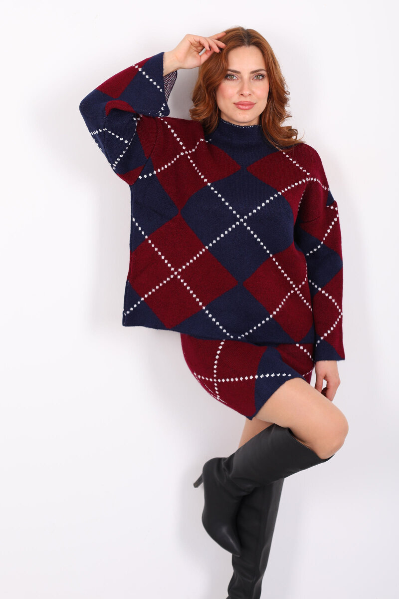 Baklava Desenli Etekli Bordo Kadın Triko Takım - 4