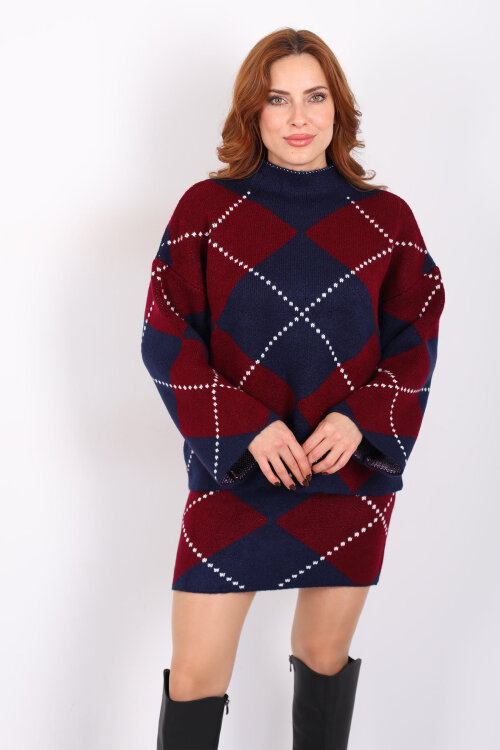 Baklava Desenli Etekli Bordo Kadın Triko Takım - 7