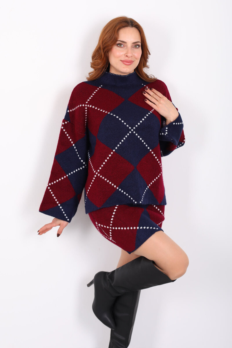 Baklava Desenli Etekli Bordo Kadın Triko Takım - 1