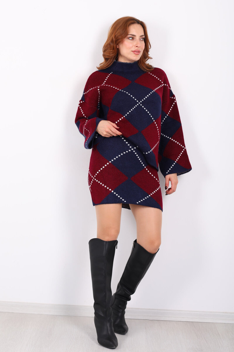 Baklava Desenli Etekli Bordo Kadın Triko Takım - 3