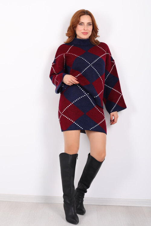 Baklava Desenli Etekli Bordo Kadın Triko Takım - 5