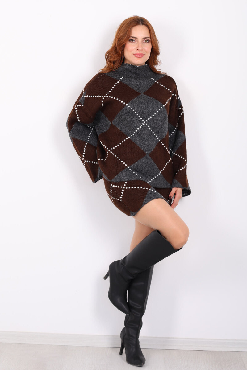 Baklava Desenli Etekli Kahverengi Kadın Triko Takım - 7