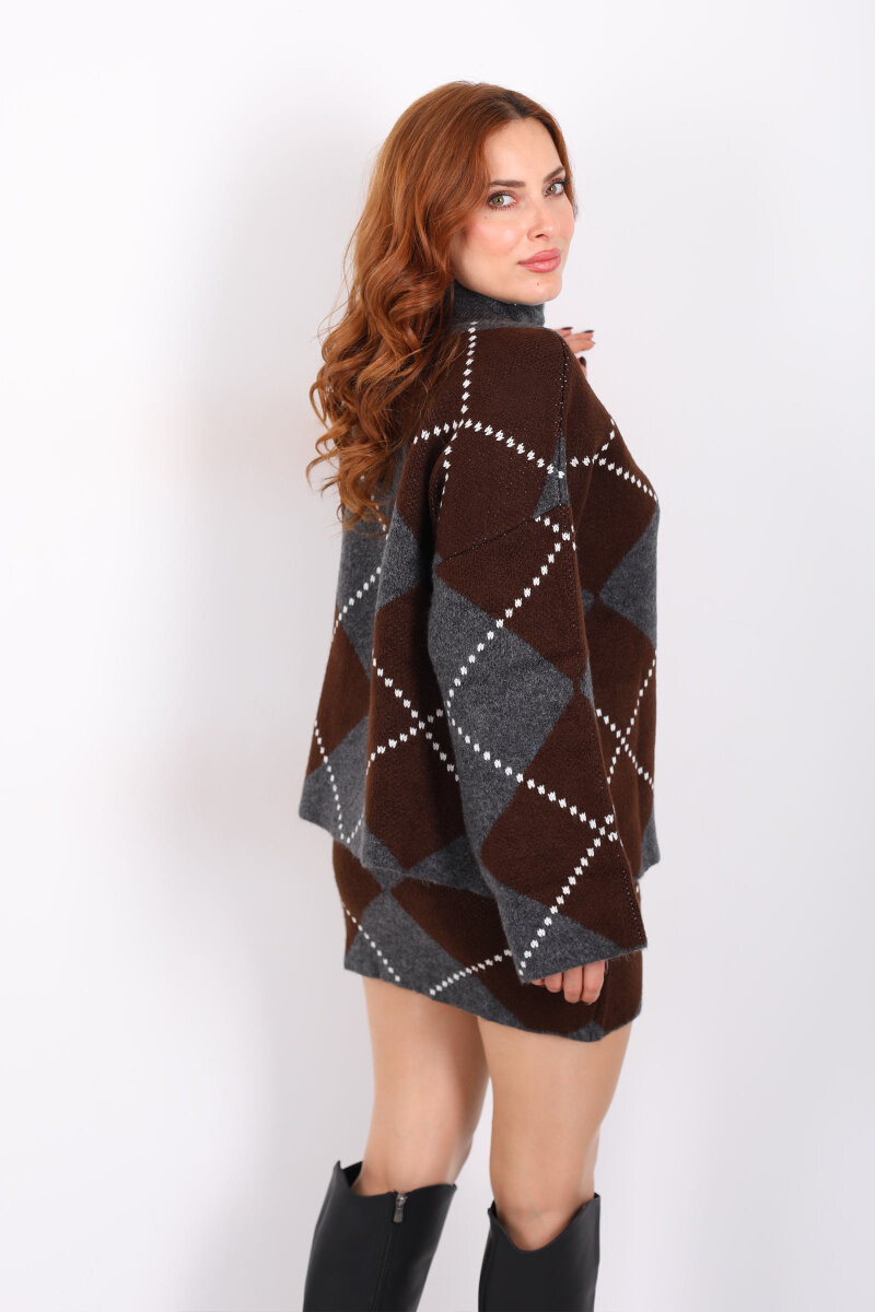 Baklava Desenli Etekli Kahverengi Kadın Triko Takım - 6