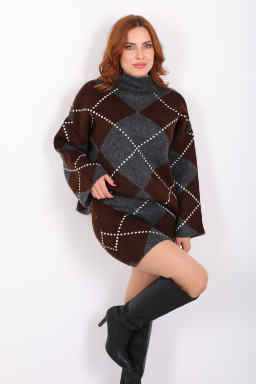 Baklava Desenli Etekli Kahverengi Kadın Triko Takım - 4