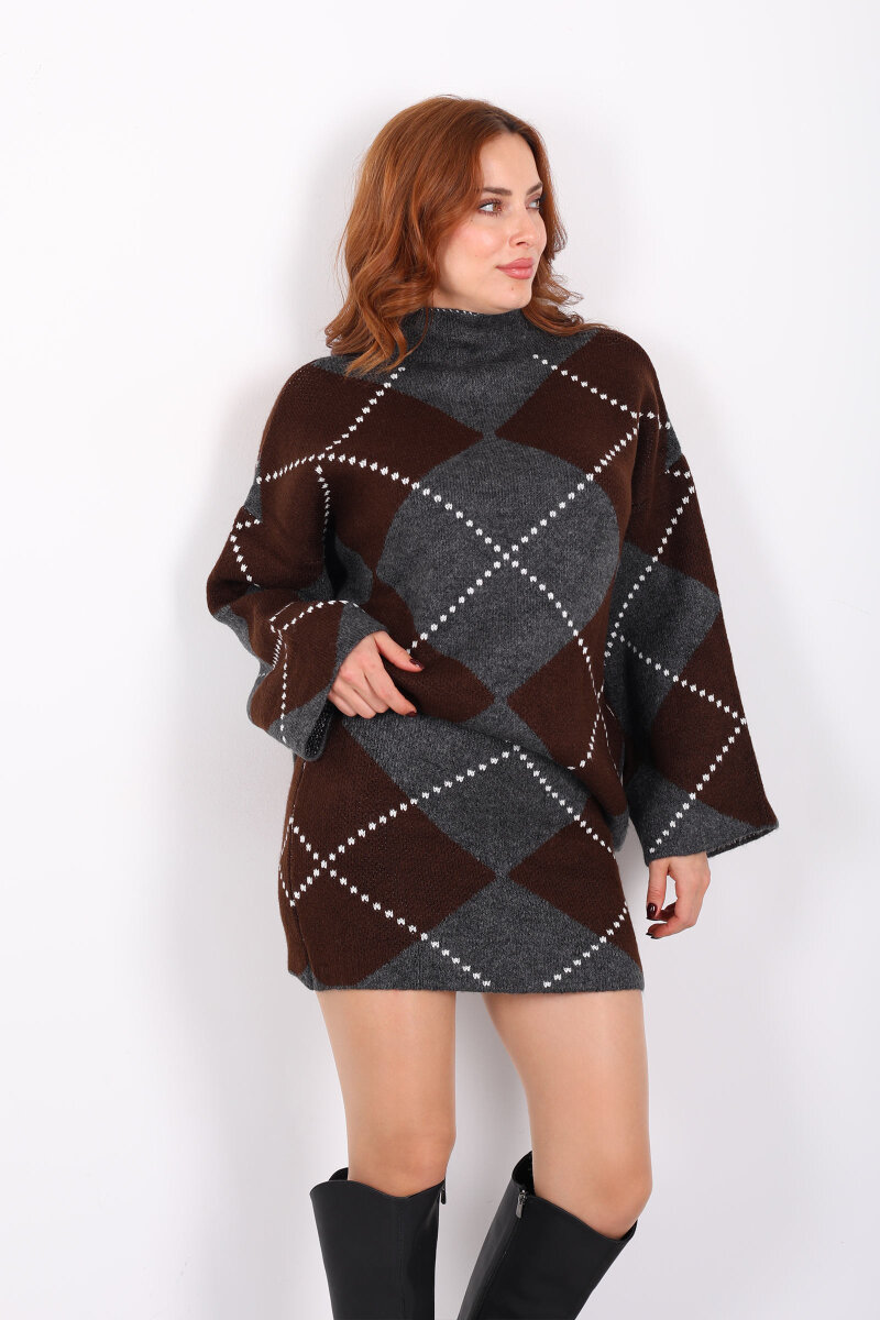 Baklava Desenli Etekli Kahverengi Kadın Triko Takım - 1