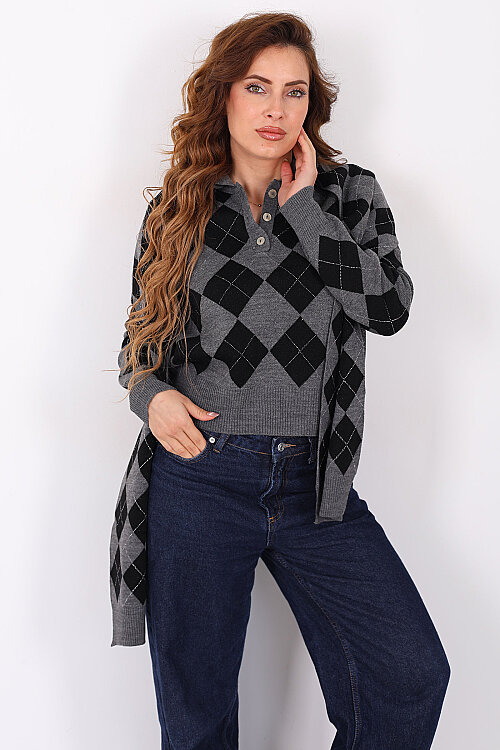 Baklava Desenli Şal Detaylı Füme Kadın Triko Kazak - Berox