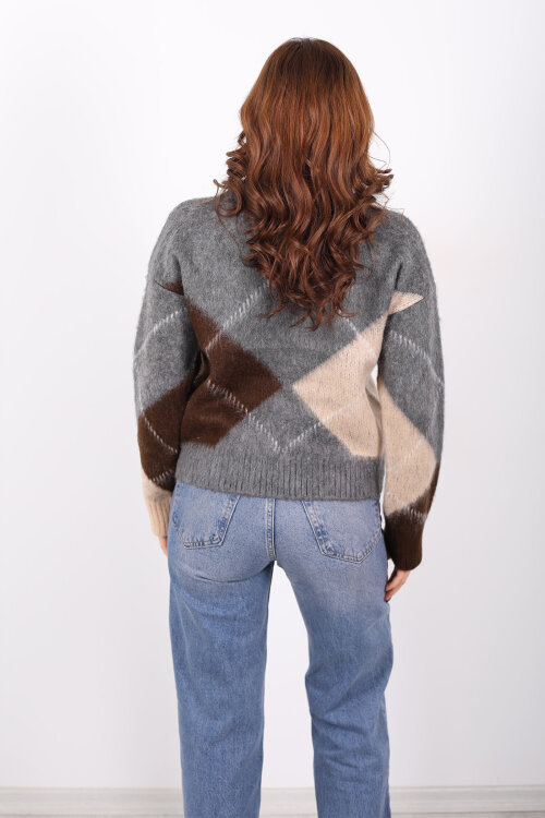 Baklava Desenli Uzun Kol Antrasit Kadın Triko Kazak - 5