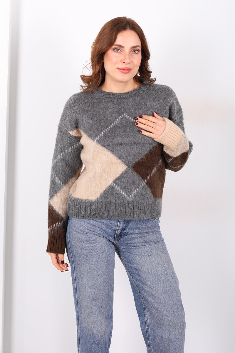 Baklava Desenli Uzun Kol Antrasit Kadın Triko Kazak - 4