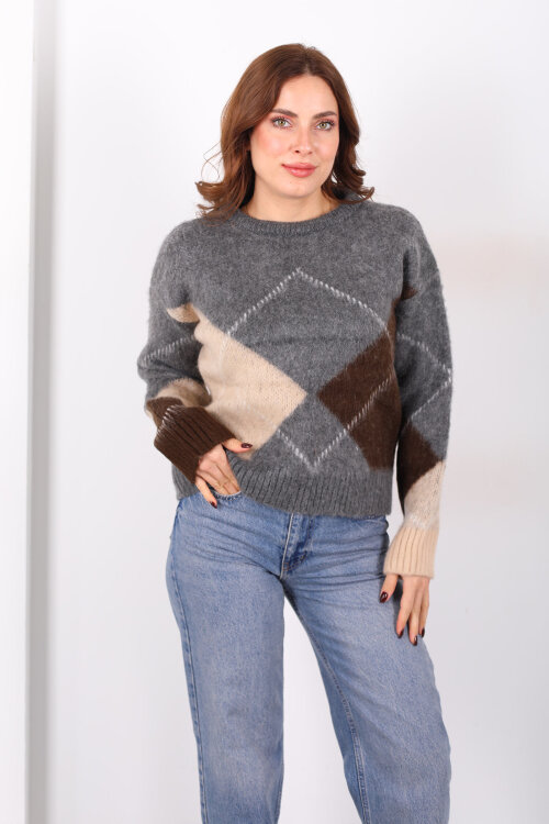 Baklava Desenli Uzun Kol Antrasit Kadın Triko Kazak - 3