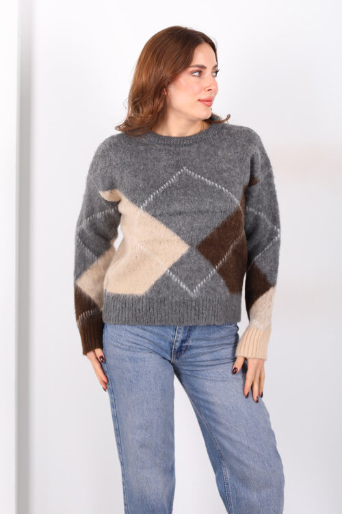 Baklava Desenli Uzun Kol Antrasit Kadın Triko Kazak - 6