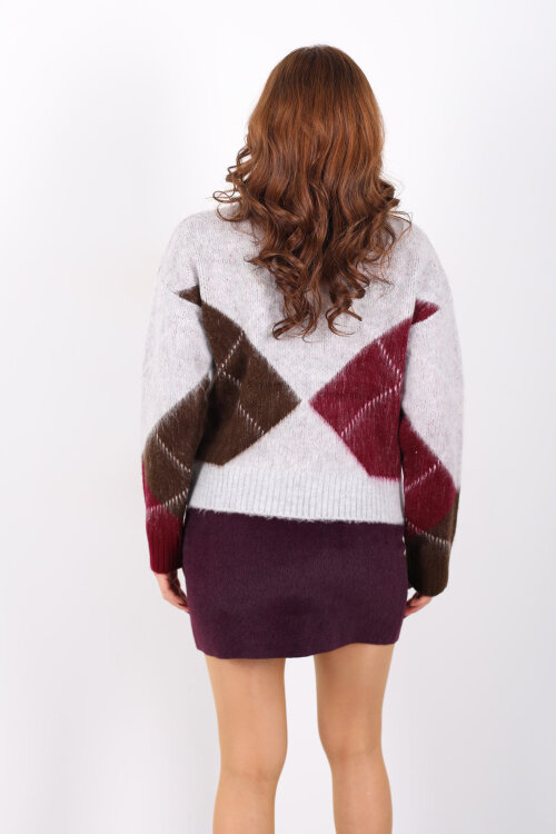 Baklava Desenli Uzun Kol Gri Kadın Triko Kazak - 5