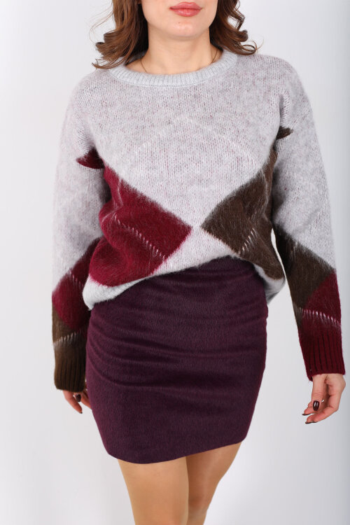 Baklava Desenli Uzun Kol Gri Kadın Triko Kazak - Berox (1)