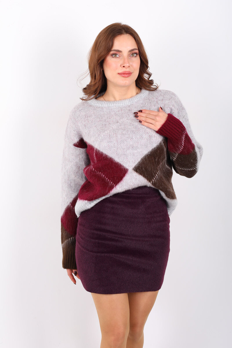 Baklava Desenli Uzun Kol Gri Kadın Triko Kazak - 3