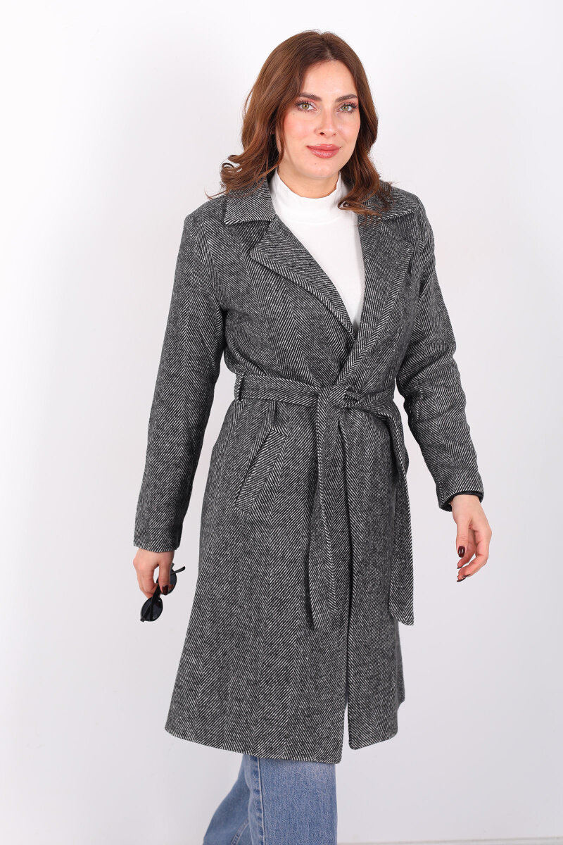 Balık Sırtı Antrasit Kadın Kaşe Kaban - 4