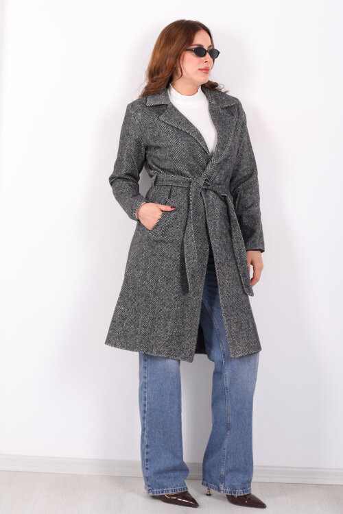 Balık Sırtı Antrasit Kadın Kaşe Kaban - Berox