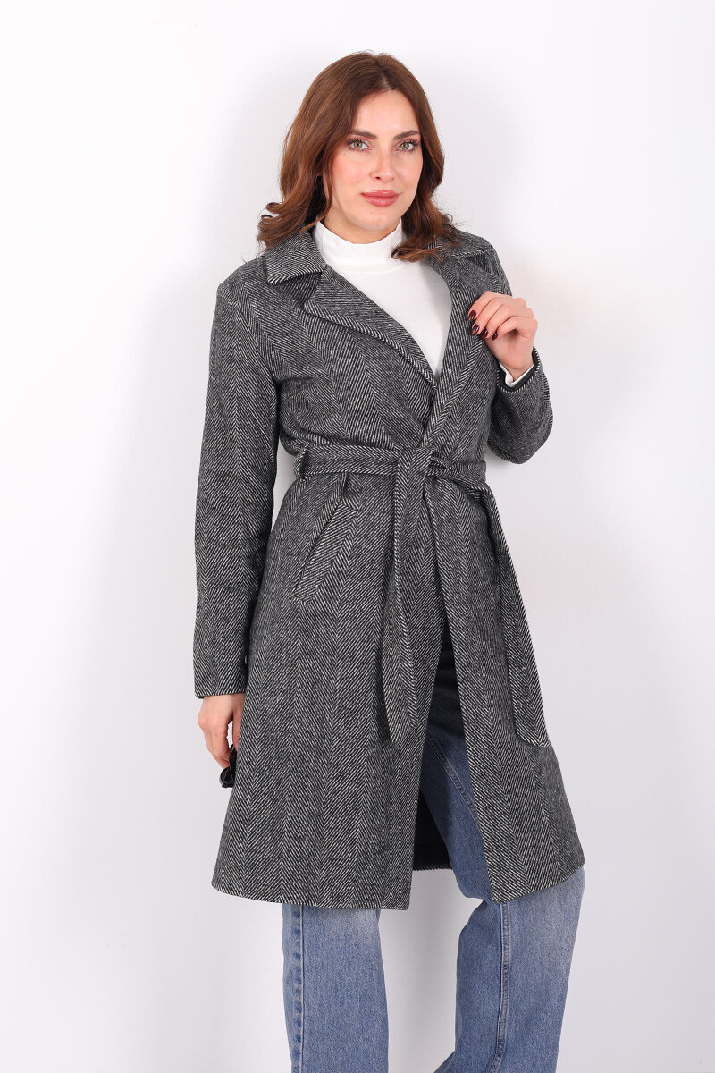 Balık Sırtı Antrasit Kadın Kaşe Kaban - 6