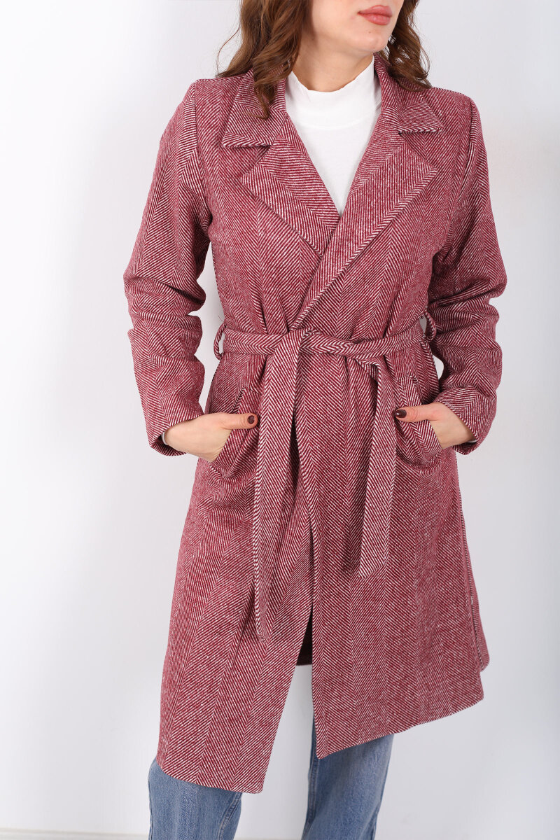 Balık Sırtı Bordo Kadın Kaşe Kaban - 2