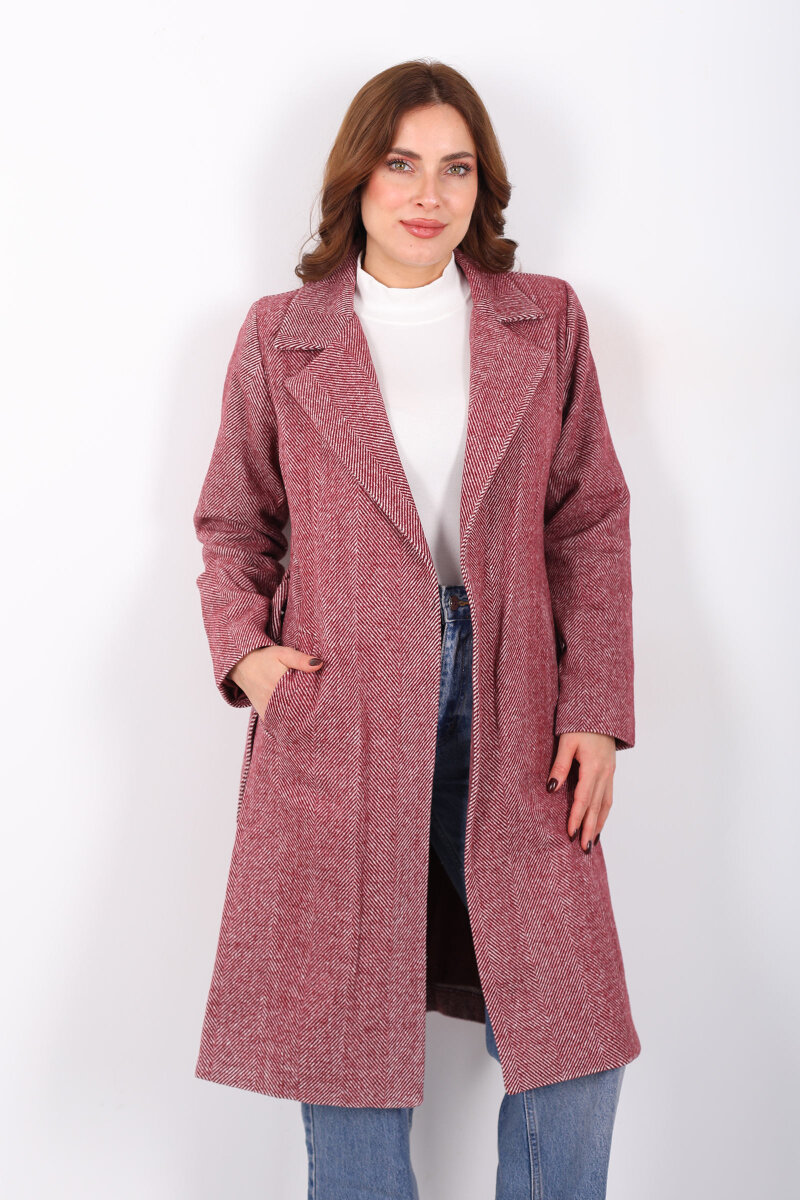 Balık Sırtı Bordo Kadın Kaşe Kaban - 1