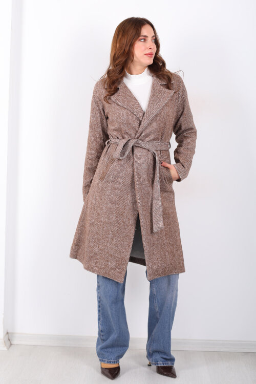 Balık Sırtı Kahverengi Kadın Kaşe Kaban - 7