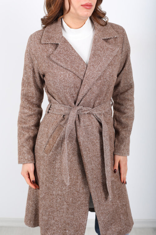 Balık Sırtı Kahverengi Kadın Kaşe Kaban - Berox (1)