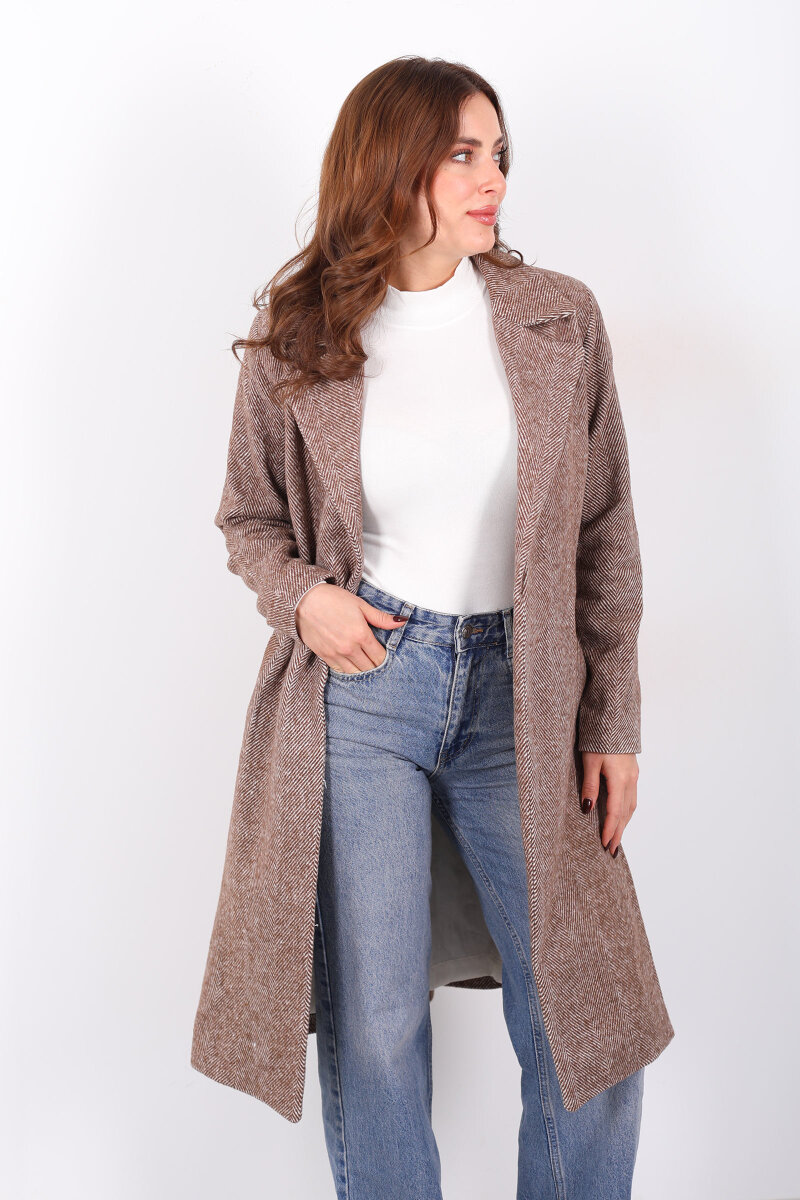 Balık Sırtı Kahverengi Kadın Kaşe Kaban - 1