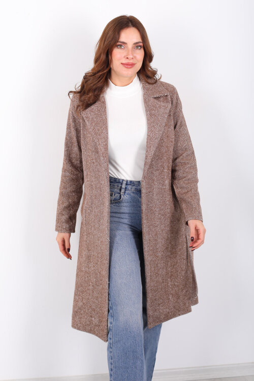 Balık Sırtı Kahverengi Kadın Kaşe Kaban - 6