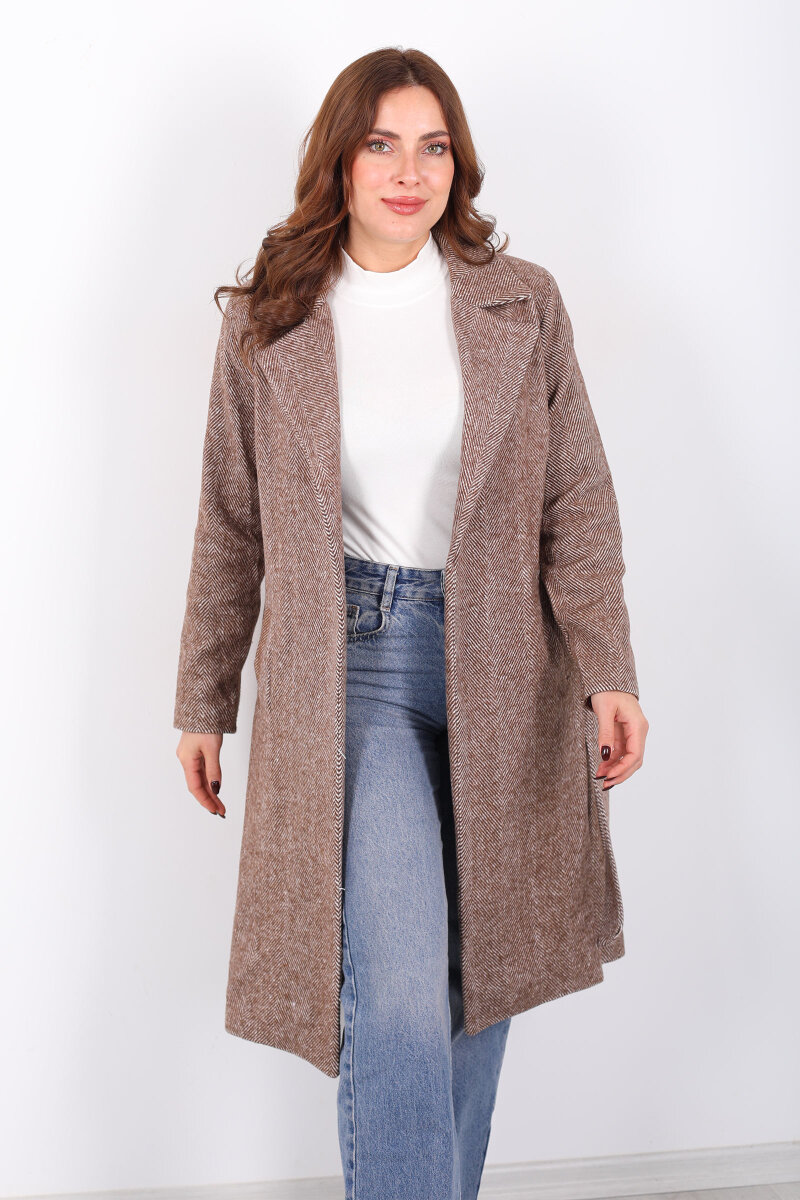 Balık Sırtı Kahverengi Kadın Kaşe Kaban - 6