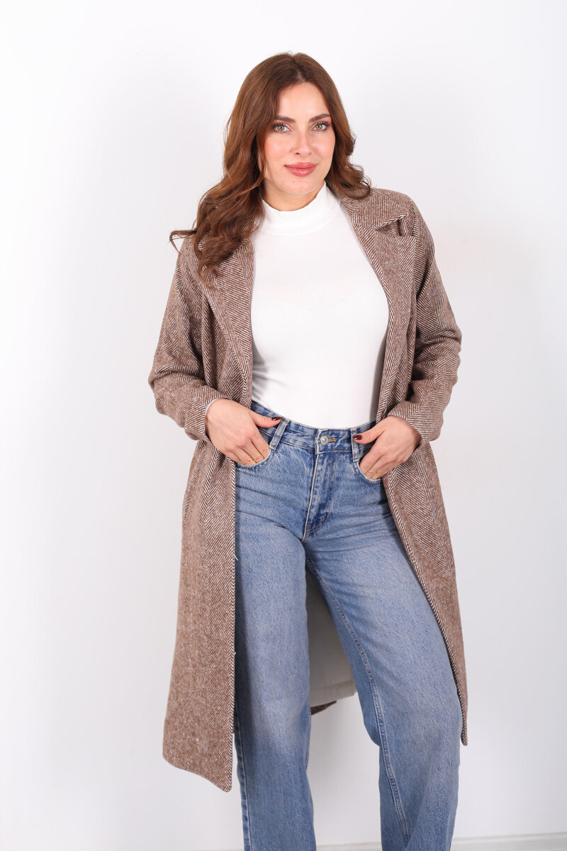 Balık Sırtı Kahverengi Kadın Kaşe Kaban - 4